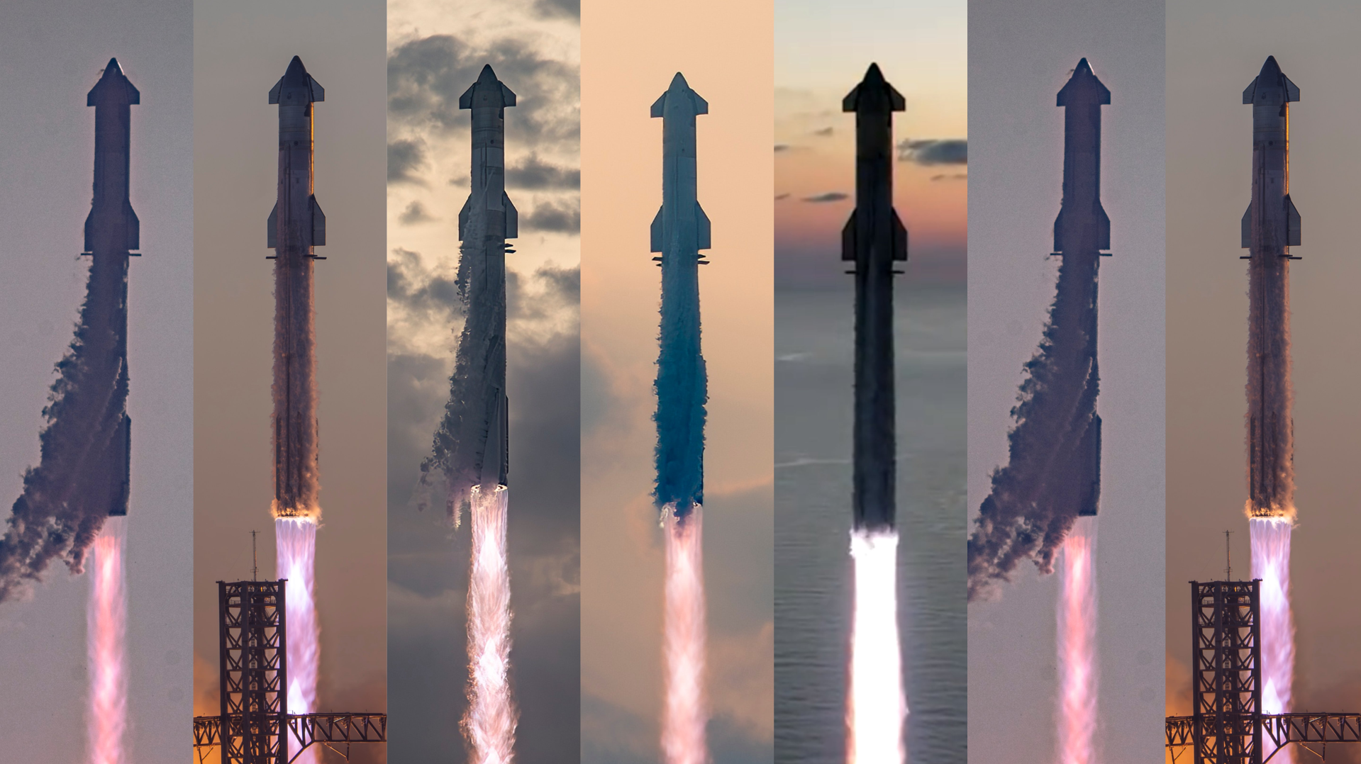 En attendant le Starship, SpaceX pulvérise son record du plus grand nombre de mise en orbite, jour après jour ! Montage photo à partir des cinq premiers vols Starship. © SpaceX
